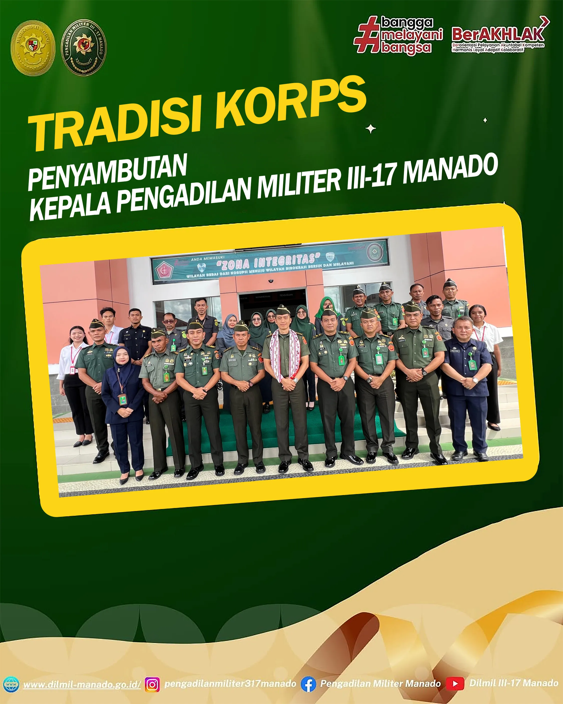 Acara Tradisi Korps Penyambutan Kepala Pengadilan Militer III-17 Manado yang baru, Letnan Kolonel Chk Edfan Hendrarto, S.H., M.H. Acara Tradisi Korps Penyambutan Kepala Pengadilan Militer III-17 Manado yang baru, Letnan Kolonel Chk Edfan Hendrarto, S.H., M.H.