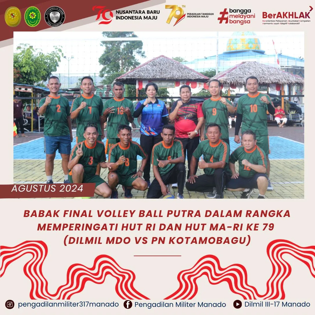TIM VOLLEY BALL PUTRA DILMIL MANADO BERHASIL MENJADI JUARA 1 PERTANDINGAN VOLLEY BALL ANTAR PENGADILAN SE-SULAWESI UTARA TIM VOLLEY BALL PUTRA DILMIL MANADO BERHASIL MENJADI JUARA 1 PERTANDINGAN VOLLEY BALL ANTAR PENGADILAN SE-SULAWESI UTARA